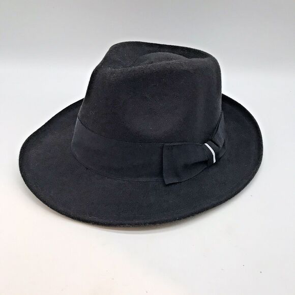 Peter Grimm Black Felt Fedora Unisex OSFM Grosgrain Band & Bow 2.25" Brim Hat - Picture 3 of 11